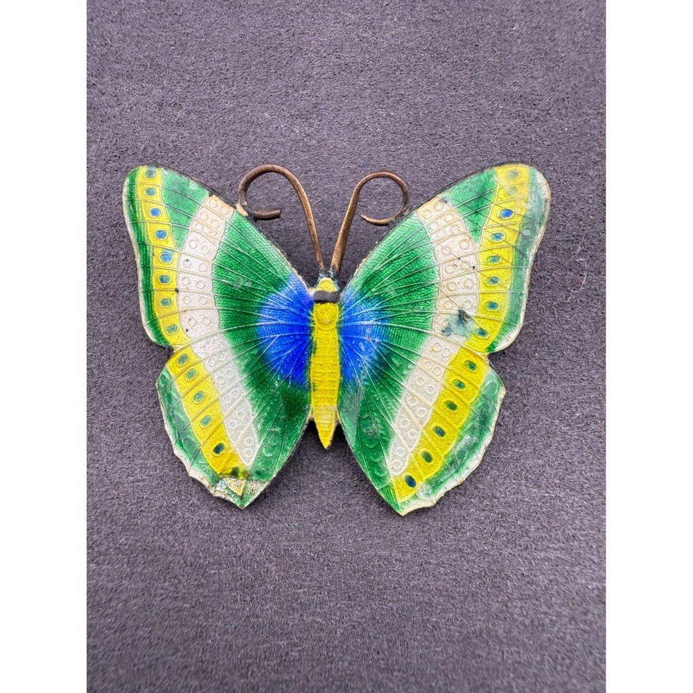 Vintage Butterfly Brooch Cloisonne Enamel Green Yellow Blue Cottagecore